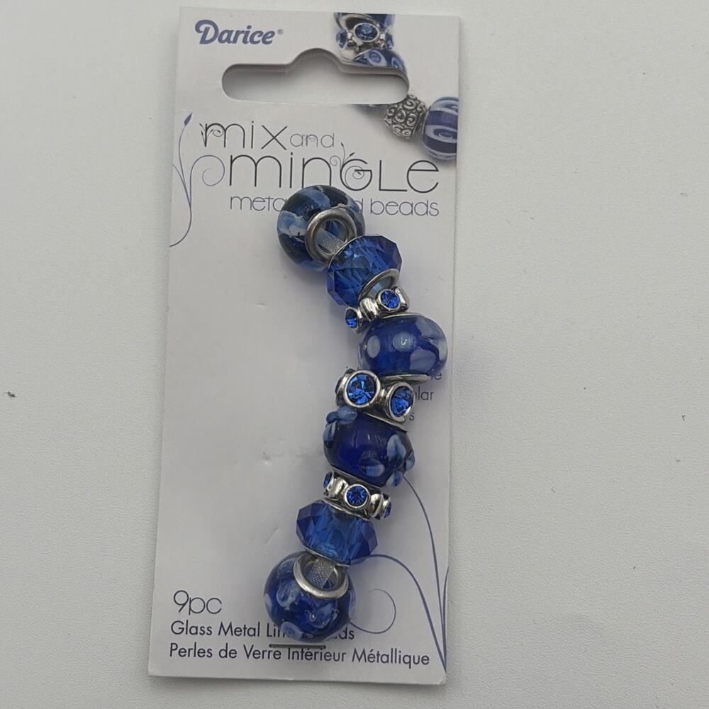 9 pc Darice° Mix and Mingle Glass metal lined beads Blue AJM-1999-2721 Jewelry